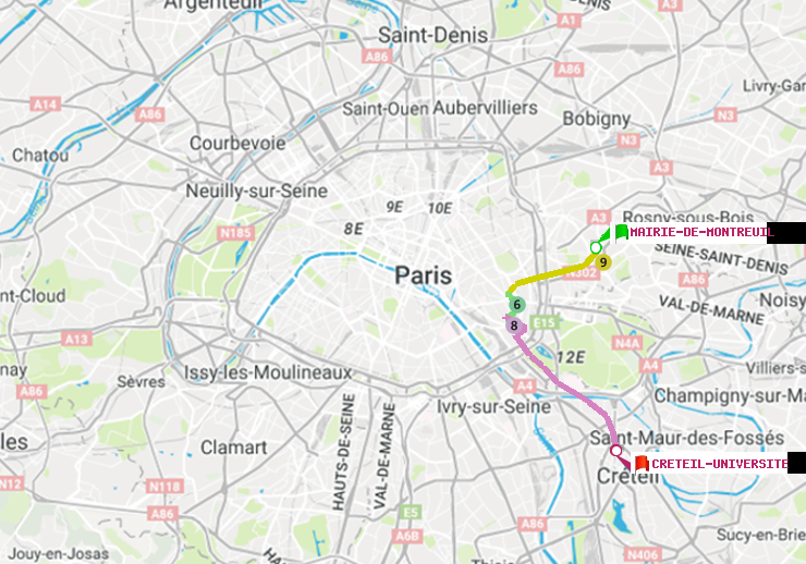 plan itinéraire ratp de Mairie de Montreuil à Créteil-Université