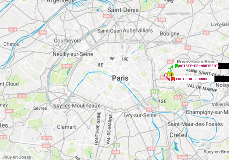 plan itinéraire ratp de Mairie de Montreuil à Croix-de-Chavaux (Jacques Duclos)
