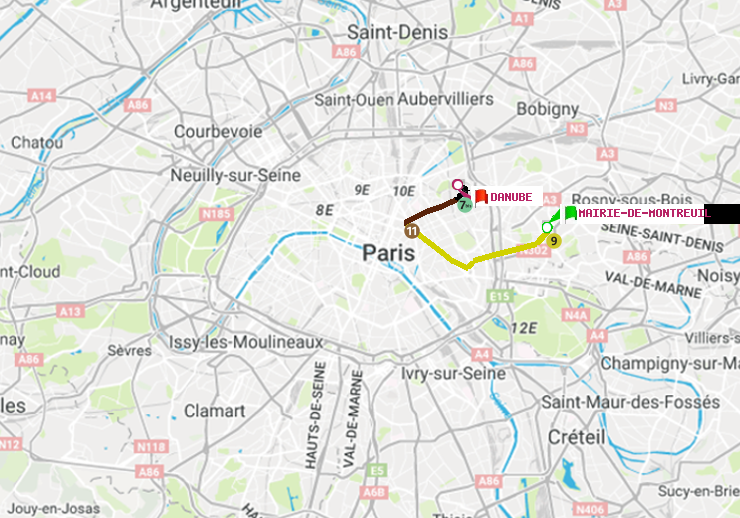 plan itinéraire ratp de Mairie de Montreuil à Danube