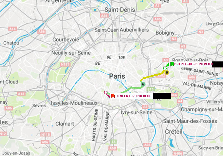plan itinéraire ratp de Mairie de Montreuil à Denfert-Rochereau