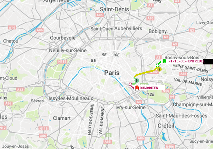 plan itinéraire ratp de Mairie de Montreuil à Dugommier