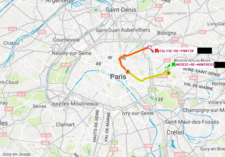 plan itinéraire ratp de Mairie de Montreuil à Eglise de Pantin