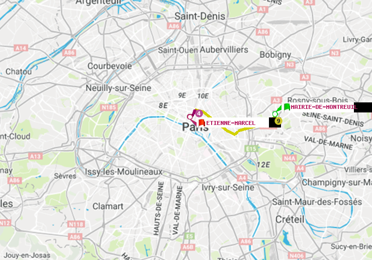 plan itinéraire ratp de Mairie de Montreuil à Etienne Marcel