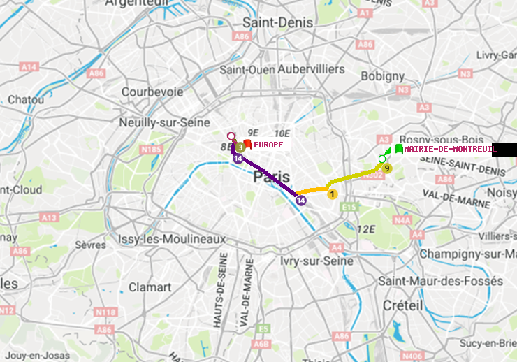 plan itinéraire ratp de Mairie de Montreuil à Europe