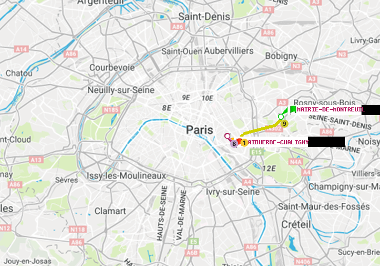 plan itinéraire ratp de Mairie de Montreuil à Faidherbe-Chaligny