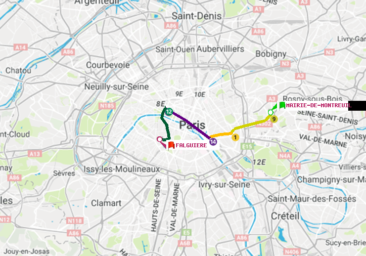 plan itinéraire ratp de Mairie de Montreuil à Falguière