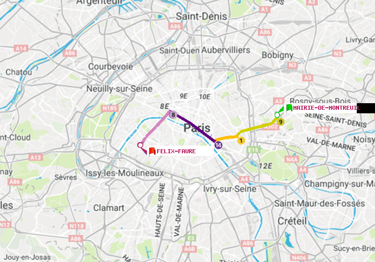 plan itinéraire ratp de Mairie de Montreuil à Félix Faure