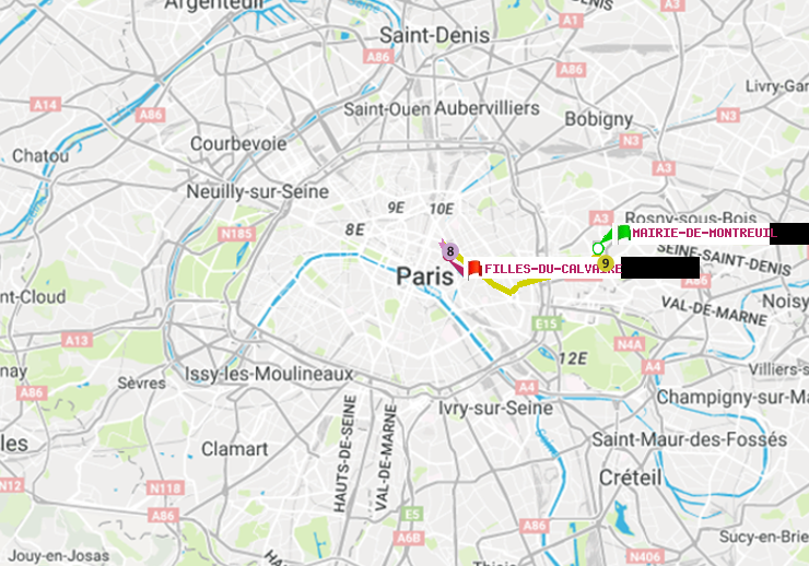 plan itinéraire ratp de Mairie de Montreuil à Filles du Calvaire