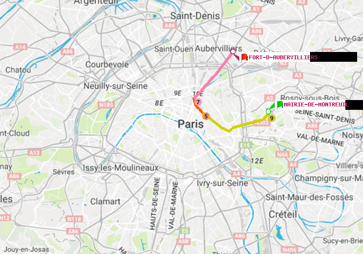 plan itinéraire ratp de Mairie de Montreuil à Fort d