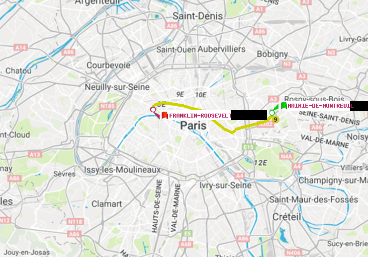plan itinéraire ratp de Mairie de Montreuil à Franklin-Roosevelt