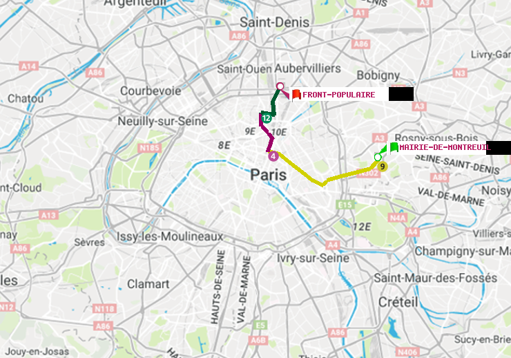 plan itinéraire ratp de Mairie de Montreuil à Front Populaire