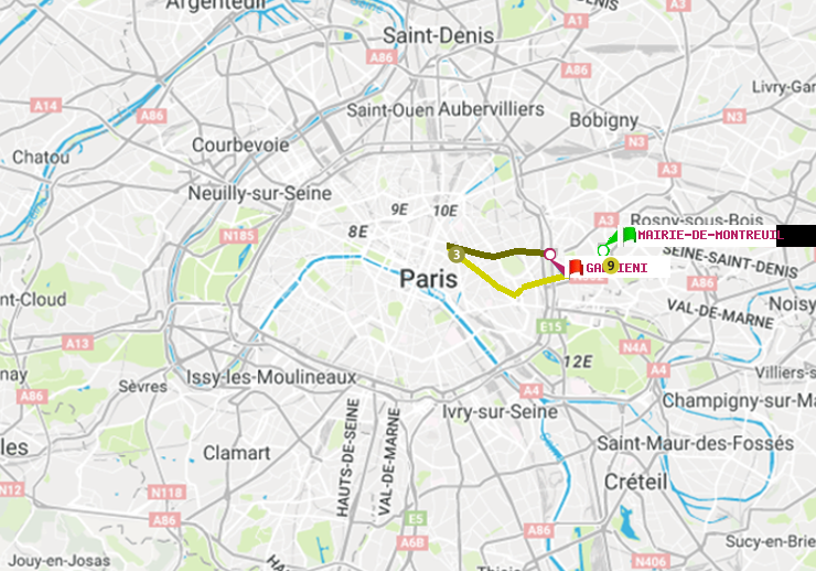 plan itinéraire ratp de Mairie de Montreuil à Gallieni (Parc de Bagnolet)