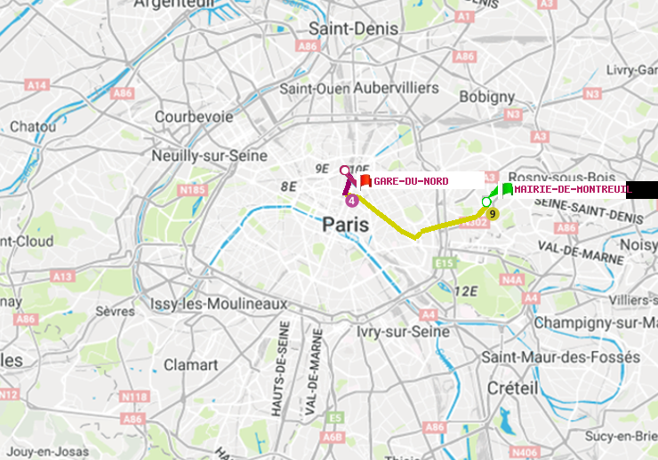 plan itinéraire ratp de Mairie de Montreuil à Gare du Nord