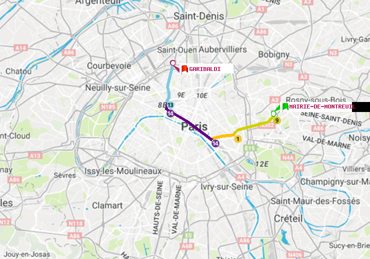 plan itinéraire ratp de Mairie de Montreuil à Garibaldi