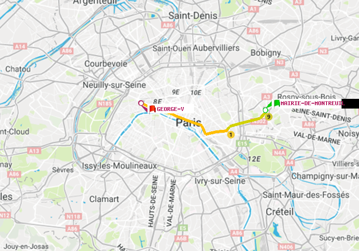 plan itinéraire ratp de Mairie de Montreuil à George V