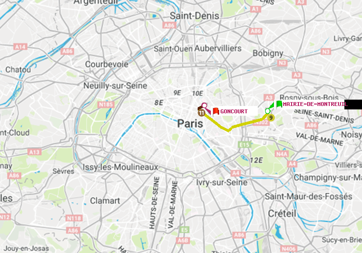 plan itinéraire ratp de Mairie de Montreuil à Goncourt (Hôpital Saint-Louis)