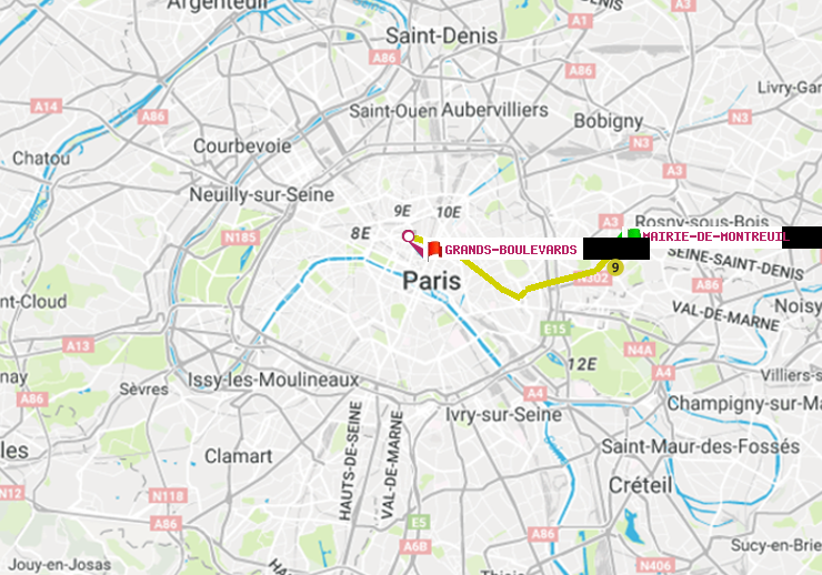 plan itinéraire ratp de Mairie de Montreuil à Grands Boulevards