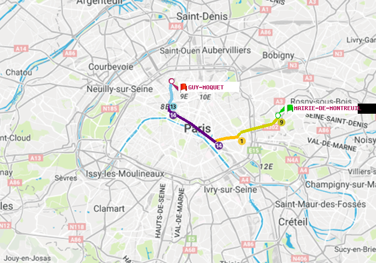 plan itinéraire ratp de Mairie de Montreuil à Guy-Môquet