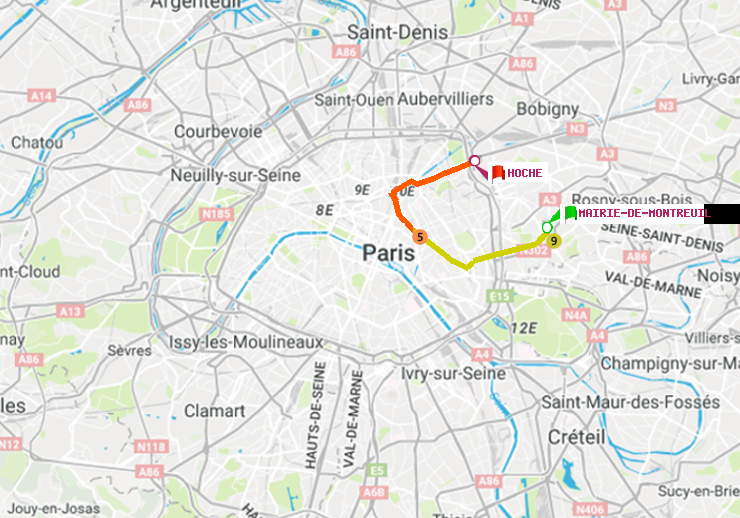plan itinéraire ratp de Mairie de Montreuil à Hoche