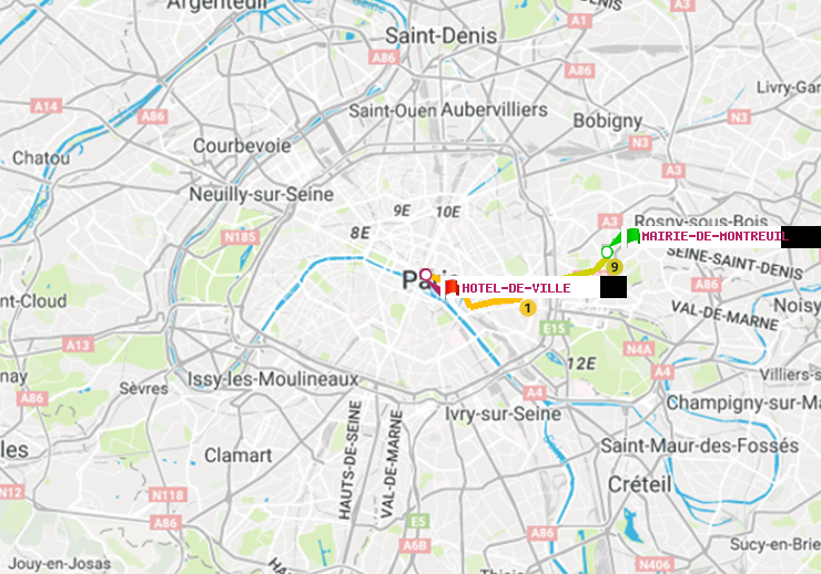 plan itinéraire ratp de Mairie de Montreuil à Hôtel de Ville