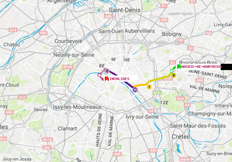 plan itinéraire ratp de Mairie de Montreuil à Invalides