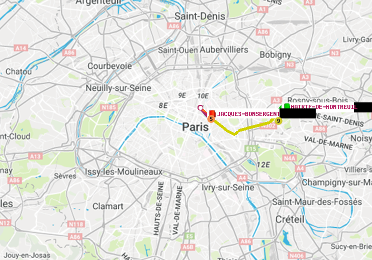 plan itinéraire ratp de Mairie de Montreuil à Jacques-Bonsergent