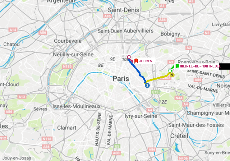 plan itinéraire ratp de Mairie de Montreuil à Jaurès