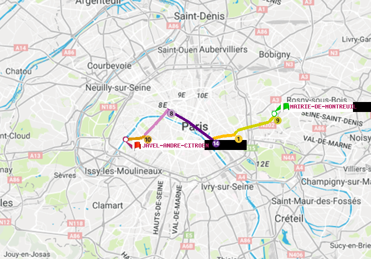 plan itinéraire ratp de Mairie de Montreuil à Javel-André-Citroen