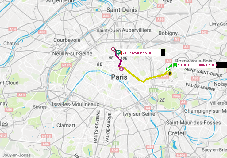 plan itinéraire ratp de Mairie de Montreuil à Jules Joffrin