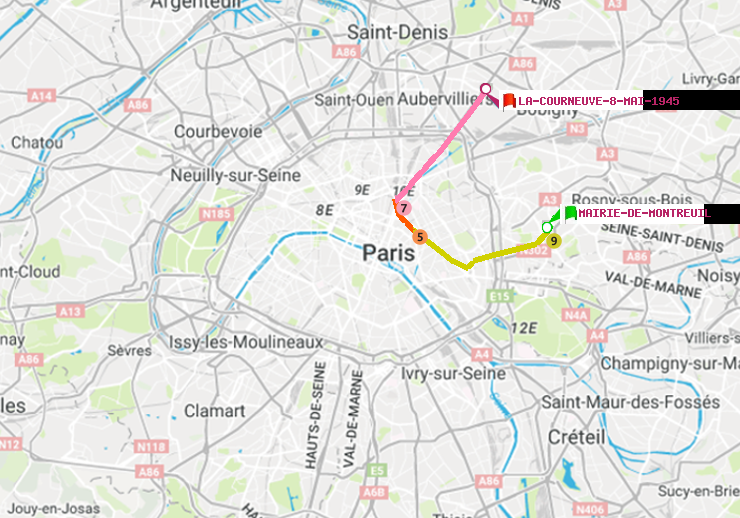 plan itinéraire ratp de Mairie de Montreuil à La Courneuve-8-Mai-1945