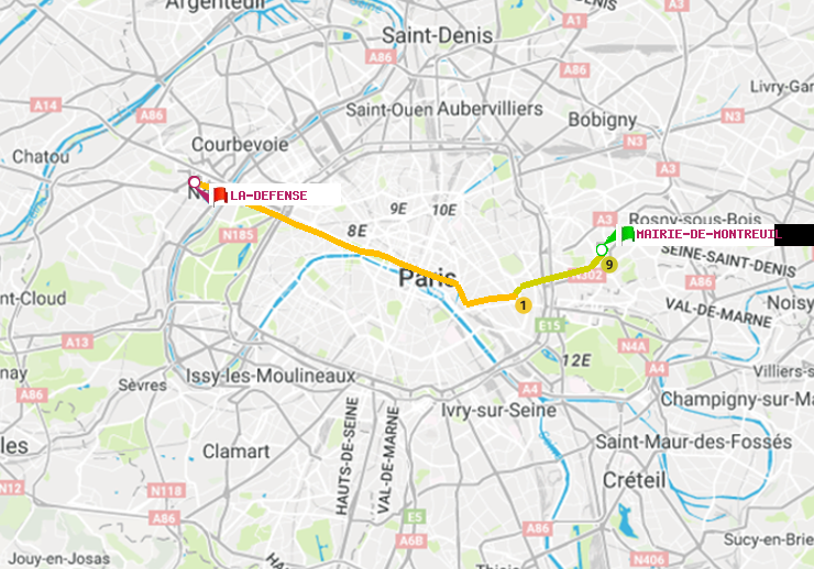 plan itinéraire ratp de Mairie de Montreuil à La Défense (Grande Arche)