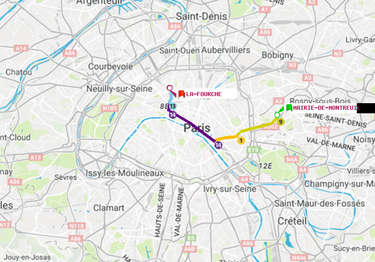 plan itinéraire ratp de Mairie de Montreuil à La Fourche