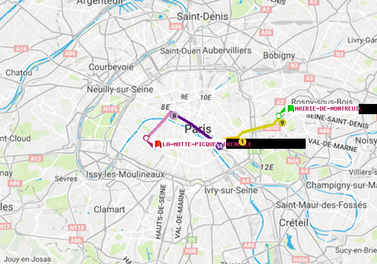 plan itinéraire ratp de Mairie de Montreuil à La Motte-Picquet-Grenelle