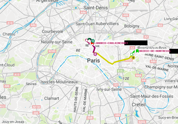 plan itinéraire ratp de Mairie de Montreuil à Lamarck-Caulaincourt