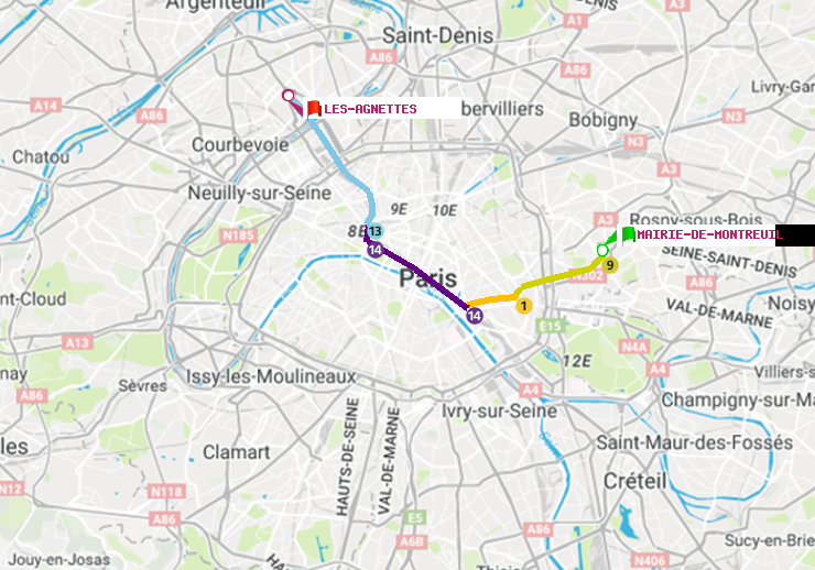 plan itinéraire ratp de Mairie de Montreuil à Les Agnettes