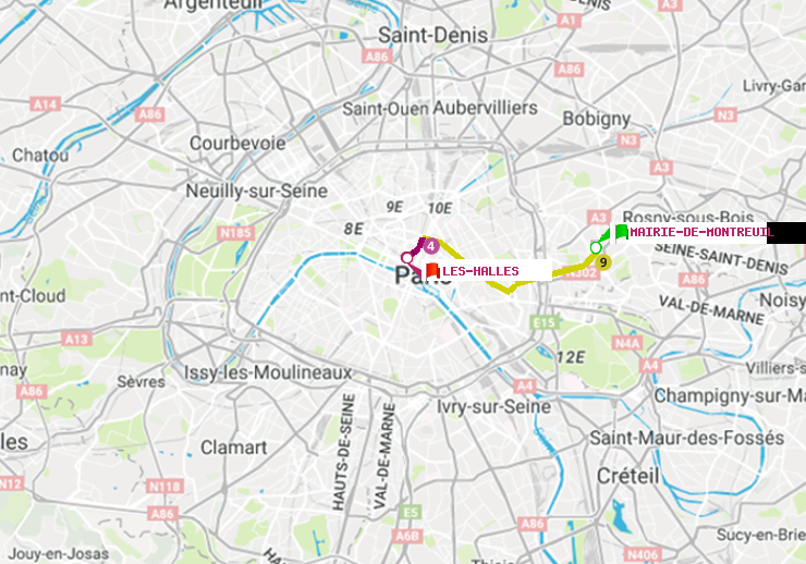 plan itinéraire ratp de Mairie de Montreuil à Les Halles