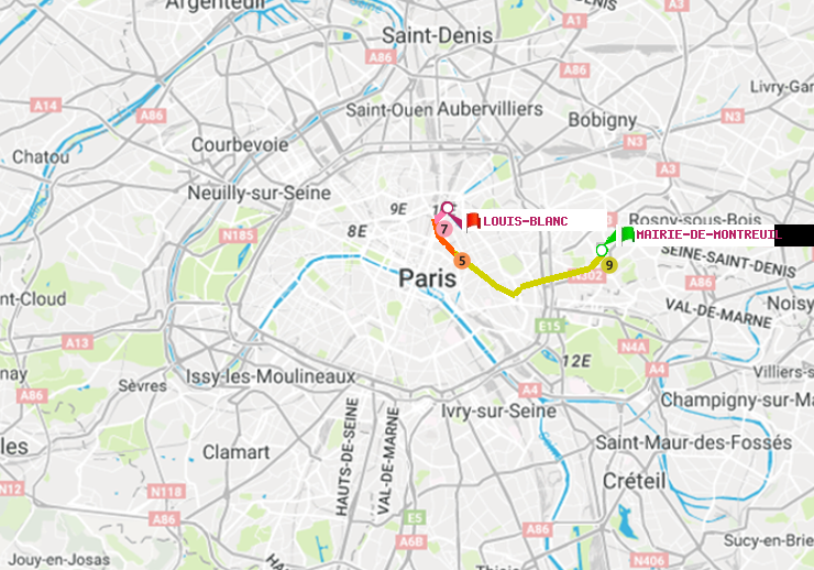 plan itinéraire ratp de Mairie de Montreuil à Louis Blanc