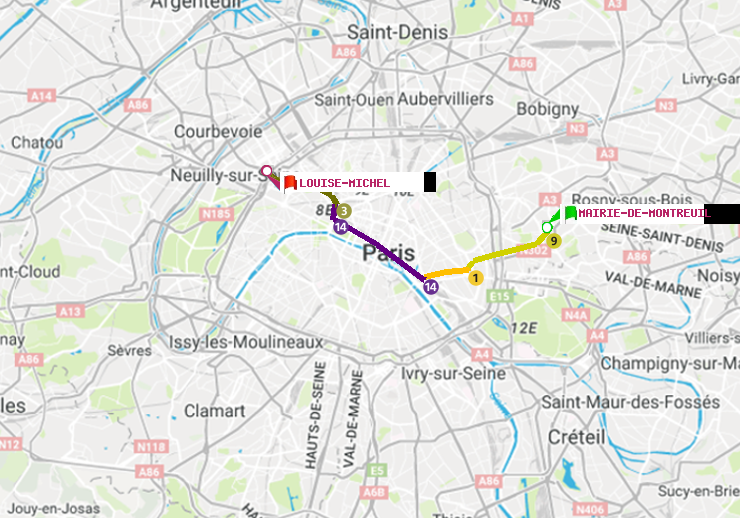 plan itinéraire ratp de Mairie de Montreuil à Louise Michel