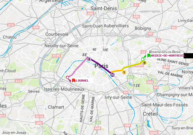 plan itinéraire ratp de Mairie de Montreuil à Lourmel