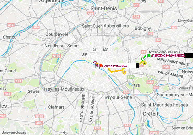 plan itinéraire ratp de Mairie de Montreuil à Louvre-Rivoli