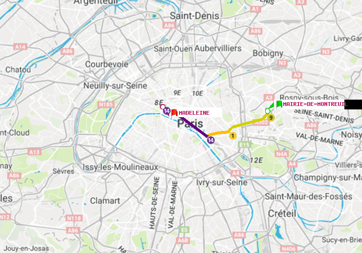 plan itinéraire ratp de Mairie de Montreuil à Madeleine