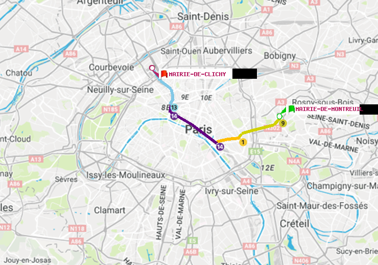 plan itinéraire ratp de Mairie de Montreuil à Mairie de Clichy