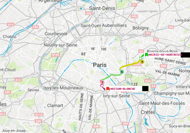 plan itinéraire ratp de Mairie de Montreuil à Maison Blanche