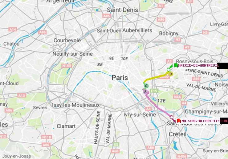 plan itinéraire ratp de Mairie de Montreuil à Maisons-Alfort-Les Juilliottes