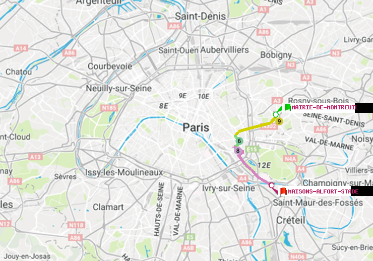 plan itinéraire ratp de Mairie de Montreuil à Maisons-Alfort-Stade