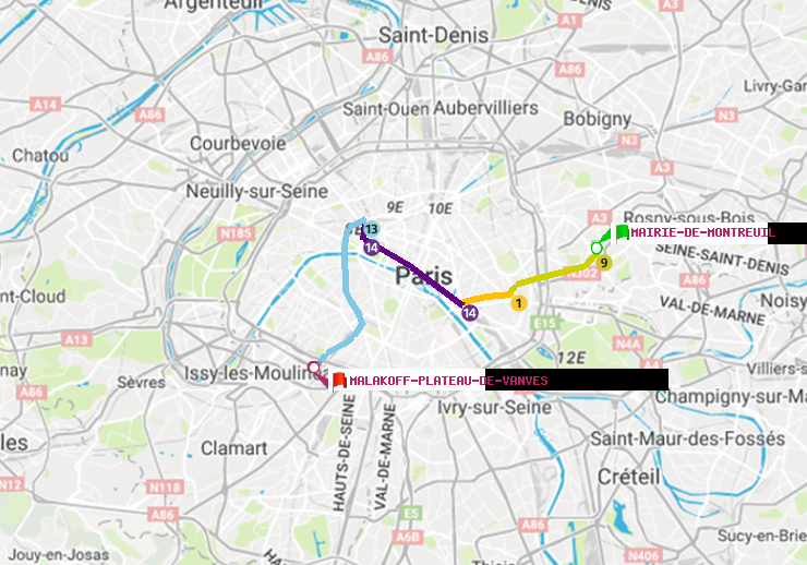 plan itinéraire ratp de Mairie de Montreuil à Malakoff-Plateau de Vanves