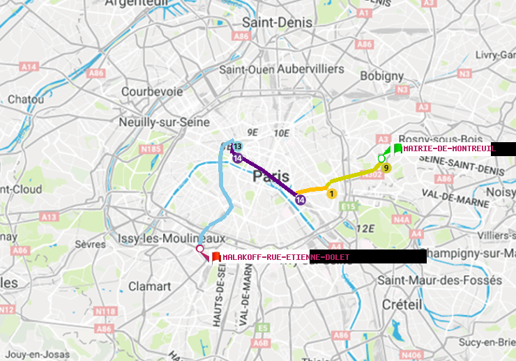 plan itinéraire ratp de Mairie de Montreuil à Malakoff-Rue Etienne Dolet