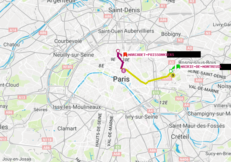 plan itinéraire ratp de Mairie de Montreuil à Marcadet-Poissonniers