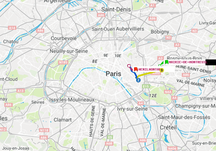 plan itinéraire ratp de Mairie de Montreuil à Ménilmontant