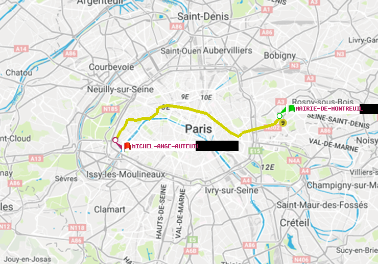 plan itinéraire ratp de Mairie de Montreuil à Michel-Ange-Auteuil